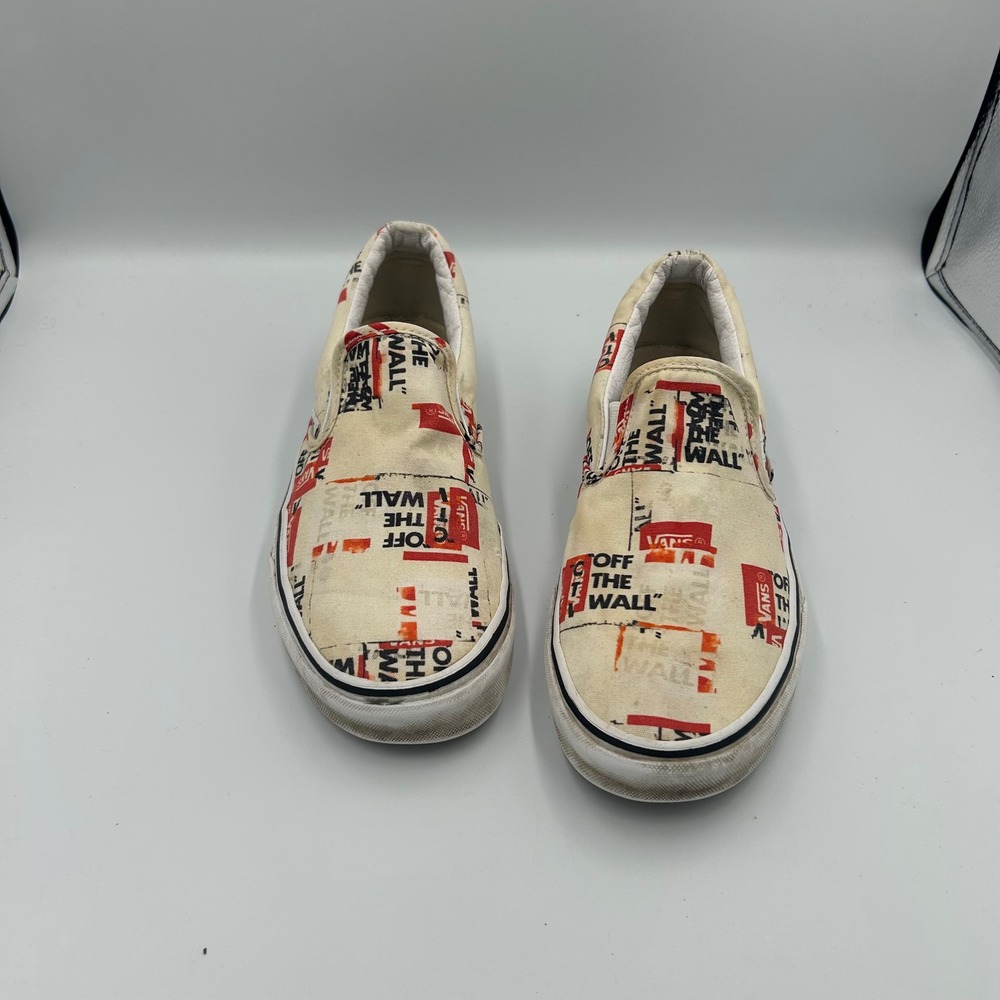 Vans Slip On Mens 10 Cream Off The Wall Logo Print Sneakers 507452